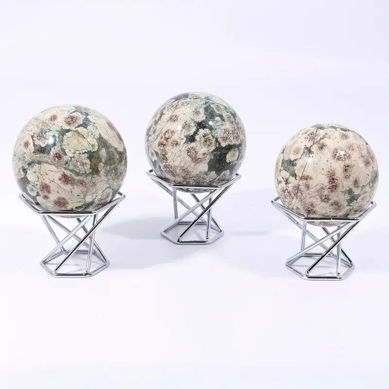 Polished Green Flower Agate Crystal Sphere | Natural Stone Decorative Orb for Home & Office Display