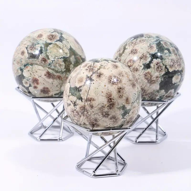 Polished Green Flower Agate Crystal Sphere | Natural Stone Decorative Orb for Home & Office Display